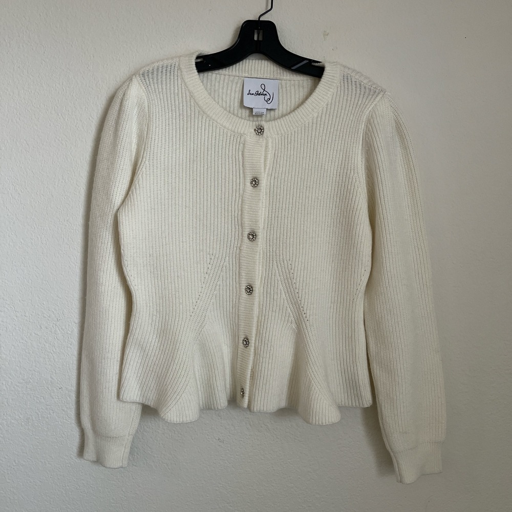 Sam Edelman White Peplum Cardigan Rhinestone Button Coquette Sweater Size M - Picture 4 of 10